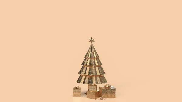 Árvore Natal Ouro Caixa Presente Para Conceito Férias Renderização — Fotografia de Stock