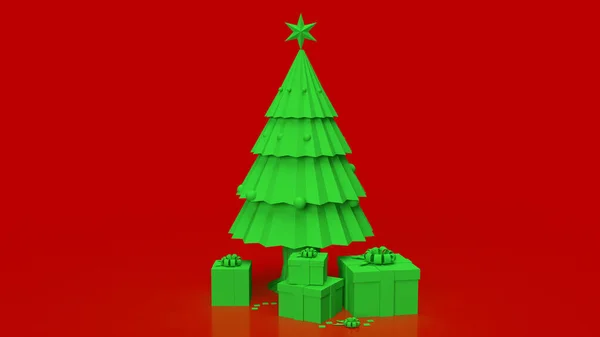 Árbol Navidad Verde Sobre Fondo Rojo Para Concepto Vacaciones Renderizado —  Fotos de Stock