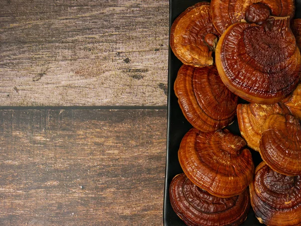 stock image The Lingzhi mushroom on wood table for food or medical concept