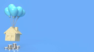 ev ahşabı ve mavi balon özellik kavramı 3D görüntüleme