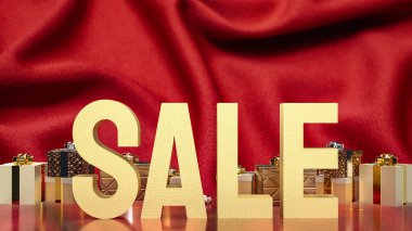 3D pazarlama konsepti için kırmızı ipeğe altın ve hediye kutusu