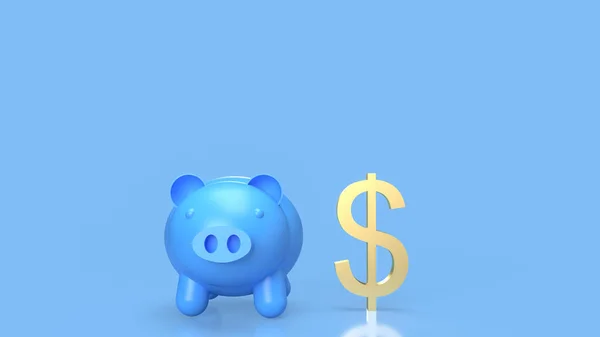 Blue piggy bank and gold dollar symbol for earn or saving concept. Blue piggy bank for money box. Blue piggy bank for saving plan concept