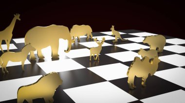 Wild life gold plate on chess board for education or sci concept 3d rendering. 