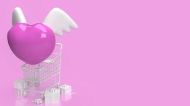 pink heart and white wing white supermarket cart and gift box on pink background 3d rendering for valentines or love