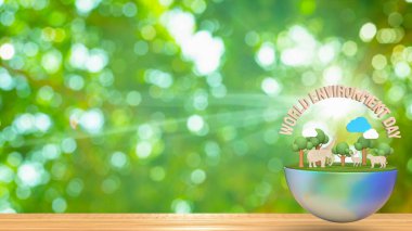 Dünya çevresi ahşap metin tatil kavramı, dünya ve vahşi yaşam için eko veya kaydetme kavramı 3D yorumlama