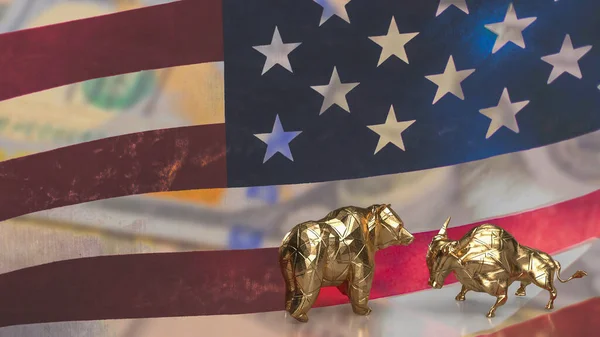gold bull bear on Usa flag for business concept 3d renderin
