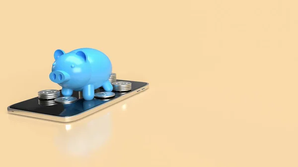The blue piggy bank on mobile phone for applications or internet banking concept, blue piggy bank and coins for earn or save concept  3d rendering