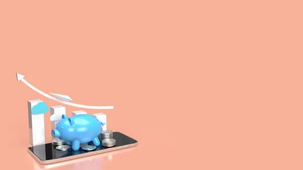 The blue piggy bank on mobile phone for applications or internet banking concept, blue piggy bank and coins for earn or save concept  3d rendering