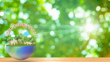 Dünya çevresi ahşap metin tatil kavramı, dünya ve vahşi yaşam için eko veya kaydetme kavramı 3D yorumlama