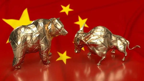 Gold bull and bear on Chinese flag for business or  finance 3d renderin