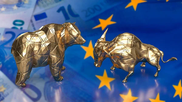 gold bull bear on euro flag for business concept 3d rendering