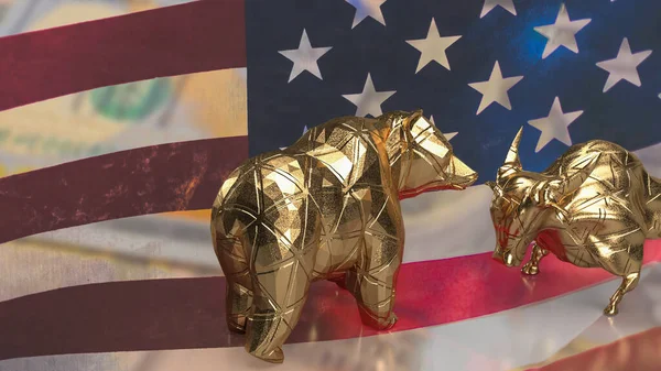 gold bull bear on Usa flag for business concept 3d renderin