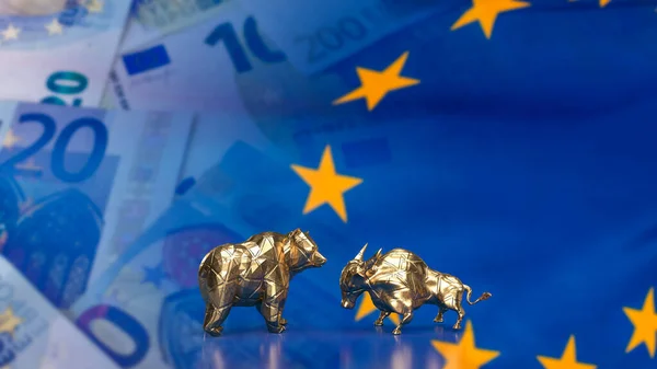 gold bull bear on euro flag for business concept 3d rendering