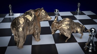  bull and bear on chess board for business concept 3d rendering