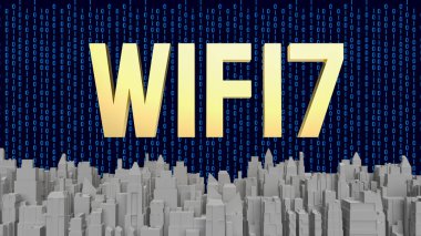 Gold wifi7 on building city for technology concept 3d rendering