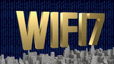 Gold wifi7 on building city for technology concept 3d rendering
