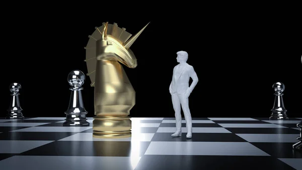 Єдиноріг Людина Фігура Шаховій Дошці Бізнес Концепції Рендеринга — стокове фото
