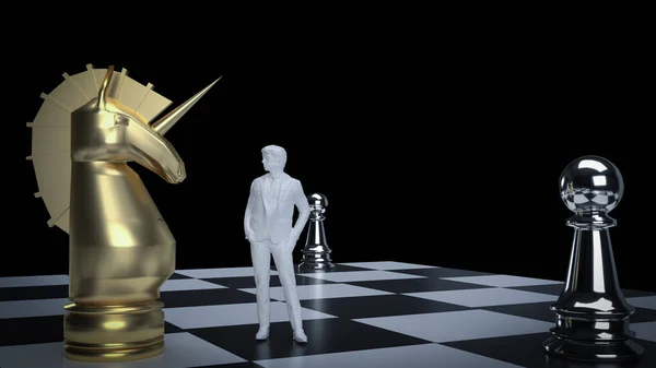 ビジネスコンセプト3Dレンダリングのためのチェスボード上のユニコーンと男の図 — ストック写真