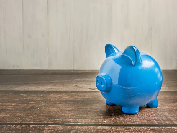 Blue Piggy Bank Wood Table Earn Saving Concept — Stock Photo, Image
