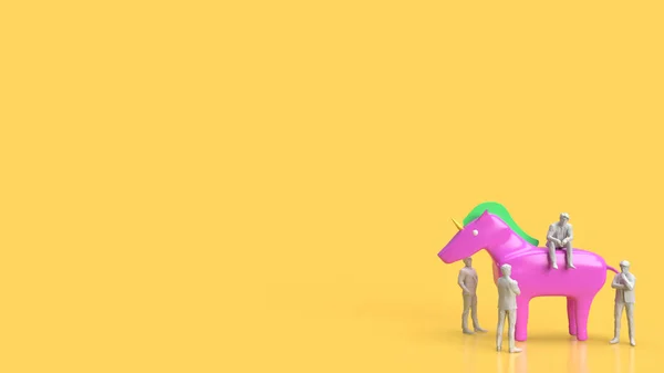 ビジネスマンとユニコーン 黄色の背景でスタートアップコンセプト3Dレンダリング — ストック写真