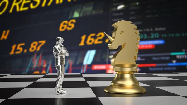 The man and gold unicorn chess  for Business concept 3d rendering