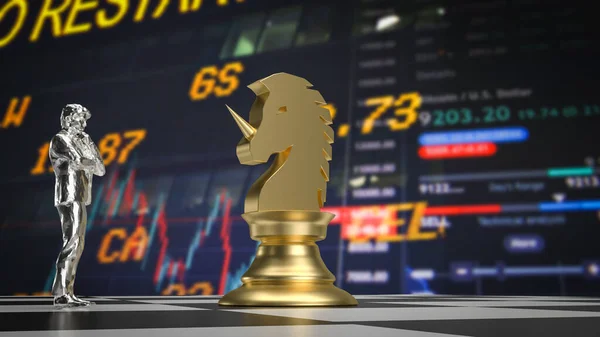 The man and gold unicorn chess  for Business concept 3d rendering