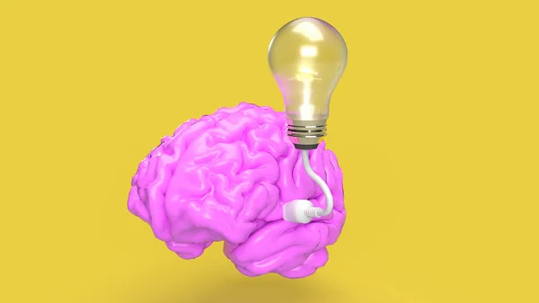 Рожевий Мозок Лампочка Жовтому Фоні Творчої Або Ідеї Концепції Візуалізації — стокове фото