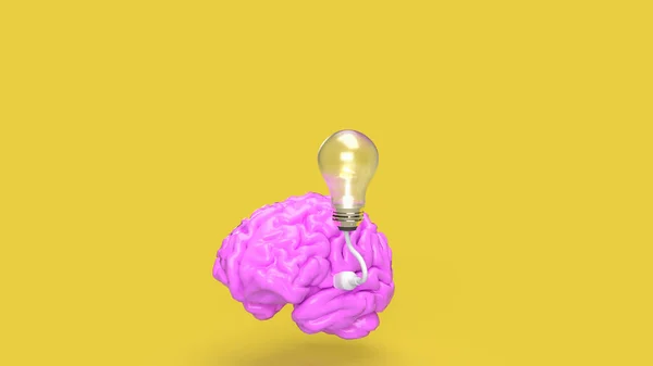 Rosa Cérebro Lâmpada Fundo Amarelo Para Criativo Ideia Conceito Renderização — Fotografia de Stock