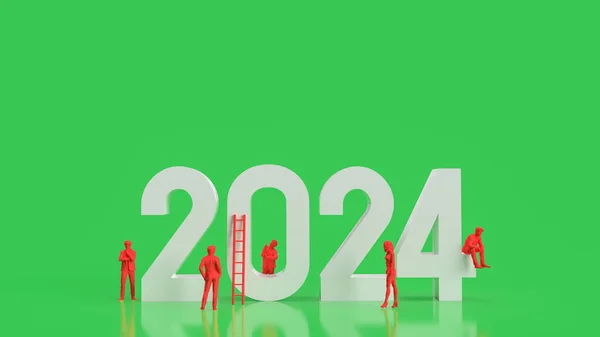 Blanco 2024 Número Hombre Negocios Rojo Sobre Fondo Verde Renderizado — Foto de Stock