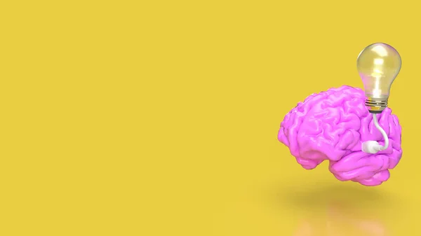 創造的またはアイデアのコンセプトのための黄色の背景にピンクの脳と電球3Dレンダリング — ストック写真