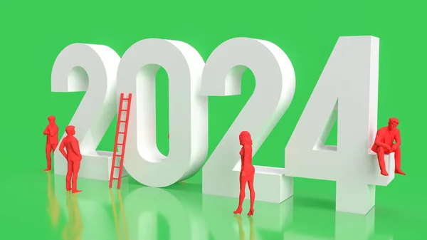 Blanco 2024 Número Hombre Negocios Rojo Sobre Fondo Verde Renderizado — Foto de Stock
