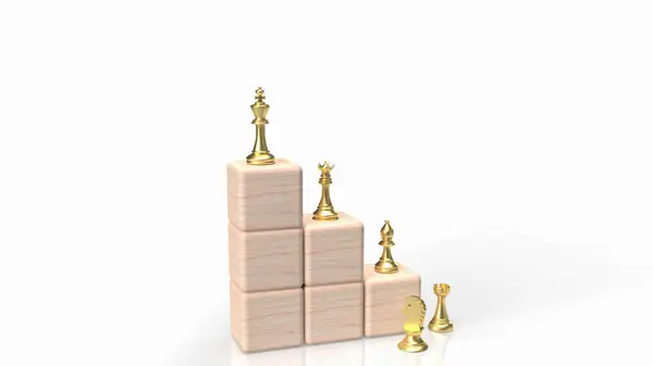 白い背景の木製キューブ上の金のチェス3Dレンダリング — ストック写真