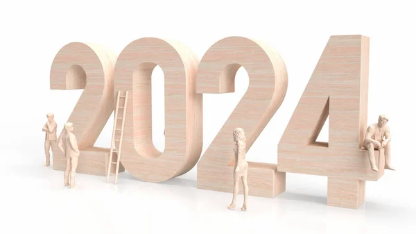 木製2024数字とビジネスマン上の白い背景3Dレンダリング — ストック写真
