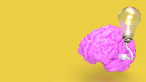 黄色背景的粉色大脑和灯泡 用于创意概念3D渲染 — 图库照片