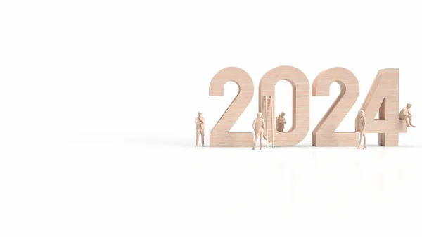 木製2024数字とビジネスマン上の白い背景3Dレンダリング — ストック写真