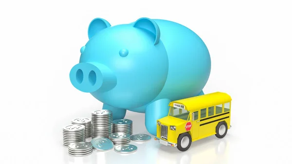 Blue Piggy Банк Школьный Автобус Белом Фоне Рендеринг — стоковое фото