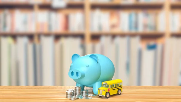 Blue Piggy Banco Ônibus Escolar Sala Biblioteca Renderização — Fotografia de Stock