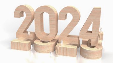 Ahşap metin 2024 ve iş konsepti 3B yorumlama için rakam