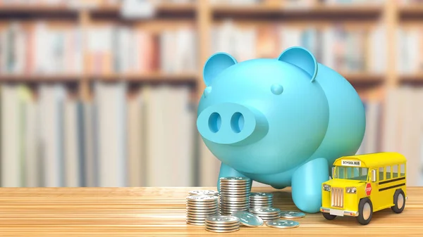 Blue Piggy Bank Schoolbus Bibliotheek Kamer Rendering — Stockfoto