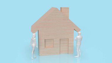 Mülk ya da gayrimenkul konsepti için mavi arka plandaki ev ahşabı ve figürü 3D