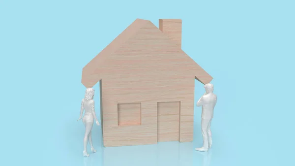 Home Wood Figure Blue Background Property Estate Concept Rendering — Stock Photo, Image