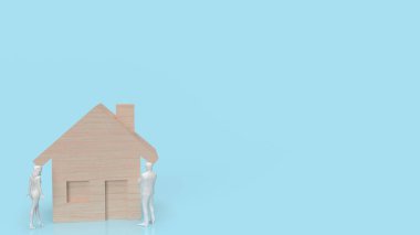 Mülk ya da gayrimenkul konsepti için mavi arka plandaki ev ahşabı ve figürü 3D