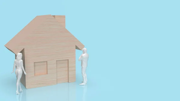 Home Holz Und Figur Auf Blauem Hintergrund Für Immobilien Oder — Stockfoto