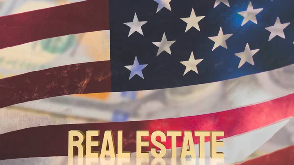 Oro Testo Immobiliare Sulla Bandiera Usa Concetto Business Rendering — Foto Stock