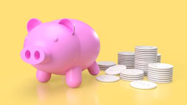 Pembe domuz kumbarası ve tasarruf için beyaz sikkeler veya iş konsepti 3D oluşturma