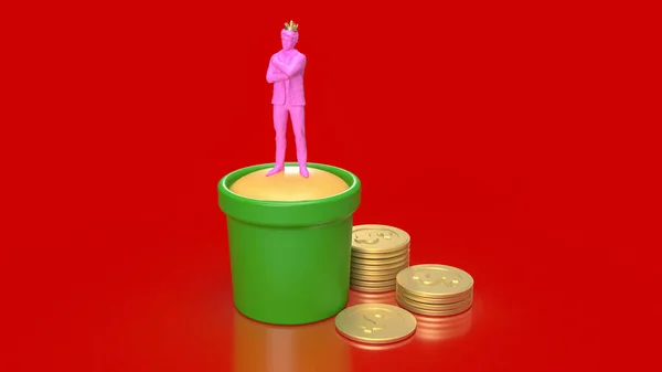 ピンクのフィギュアビジネスマンとコイン3Dレンダリング — ストック写真