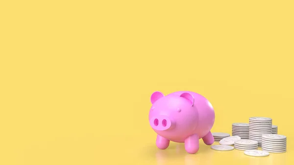 貯金やビジネスコンセプトのためのピンクの貯金箱やホワイトコイン3Dレンダリング — ストック写真