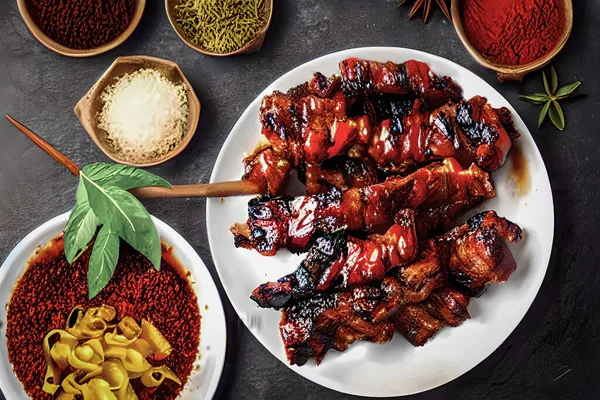 マラ中華Bbqは 串に刺さった肉や野菜を直火で調理する中国料理の人気スタイルです という言葉は ナンビングとスパイシーな組み合わせが特徴的な独特の風味プロファイルを指します — ストック写真