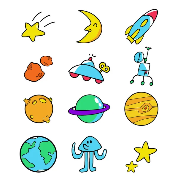 Space Icon Zeichnen Cartoon Style Bundle Set — Stockvektor