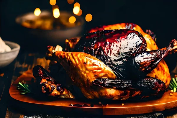 焼き七面鳥は 感謝祭やクリスマスなどのお祝いの機会に特に食事のためにローストされたオーブン風味豊かなオーブンで七面鳥全体を調理するプロセスを指します — ストック写真